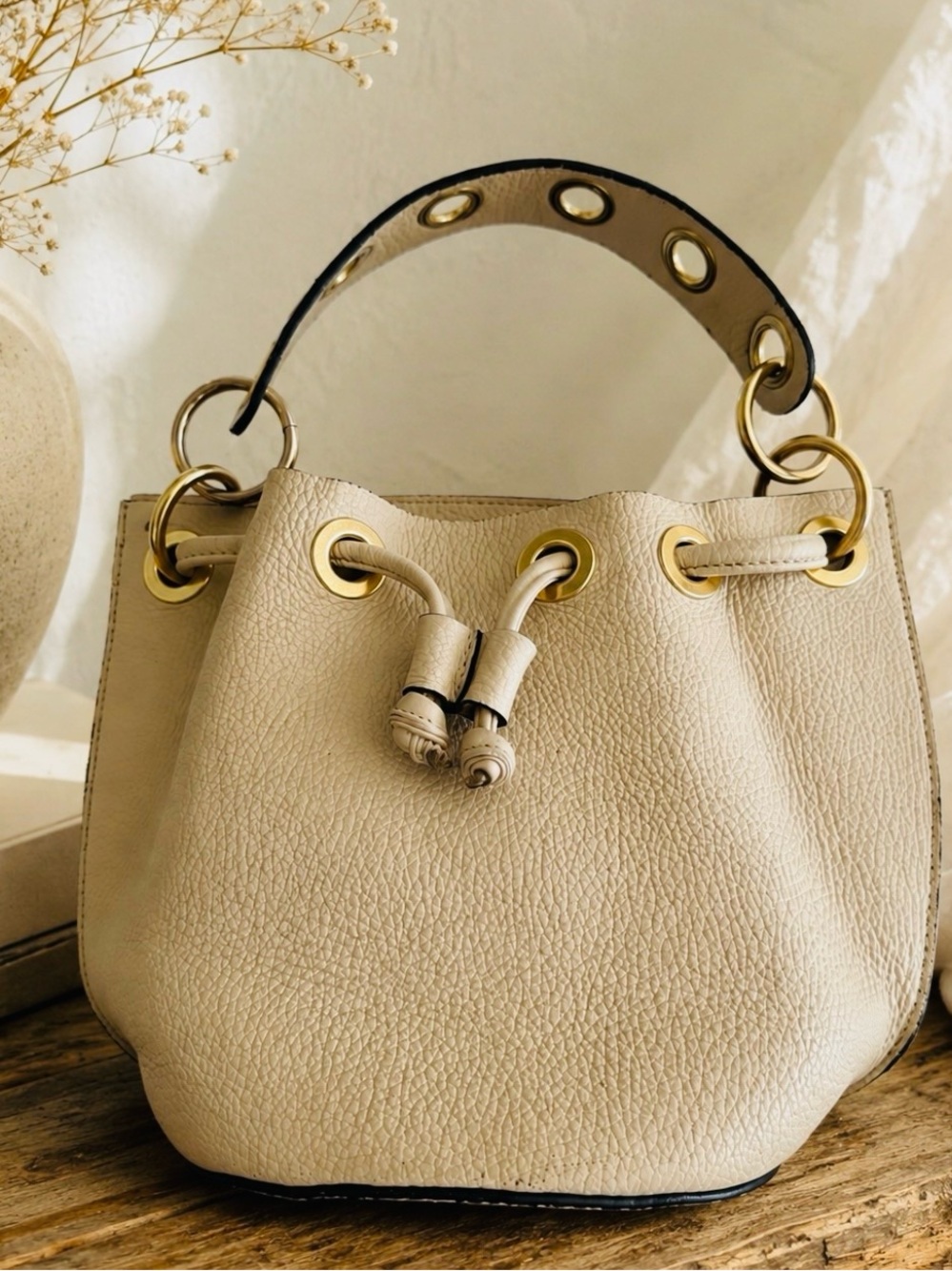 Made in Italy Leather Bucket Bag Grommet Drawstring BoHo